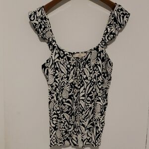 LOFT Black and White Ruffled Tie Front Blouse